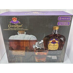 Crown Royal Whisky Dispenser Set 1L Glass, Whiskey Stones, Cup & Wooden Base NEW